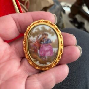 Limoges Gold Framed Romantic Scene Brooch